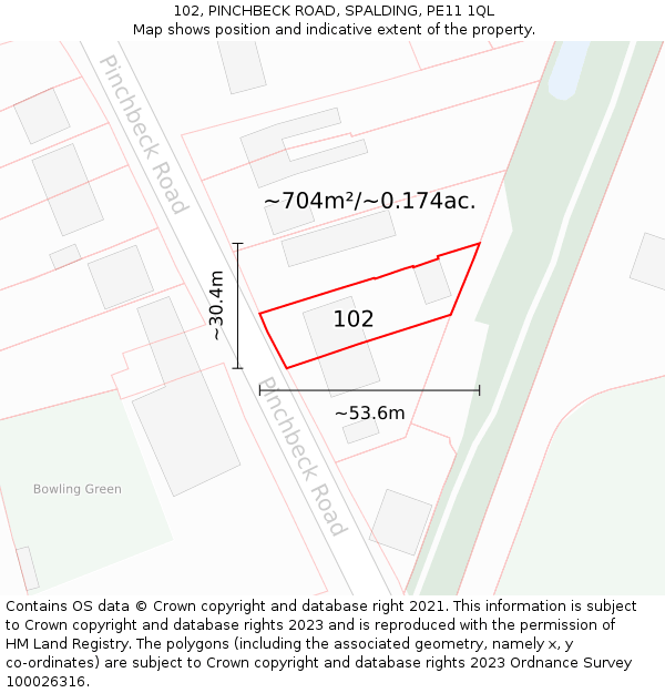 102, PINCHBECK ROAD, SPALDING, PE11 1QL: Plot and title map