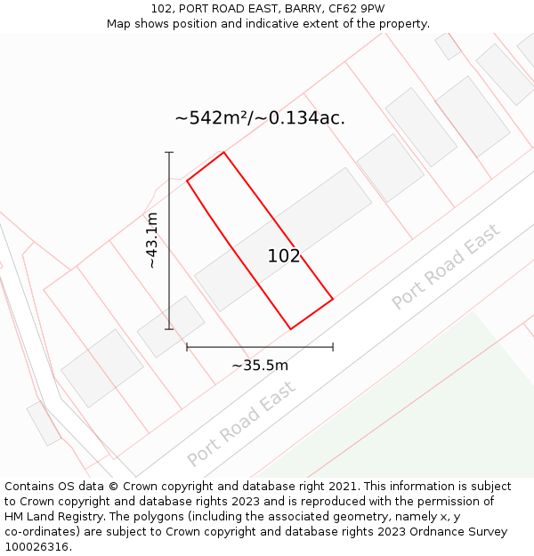 102, PORT ROAD EAST, BARRY, CF62 9PW: Plot and title map