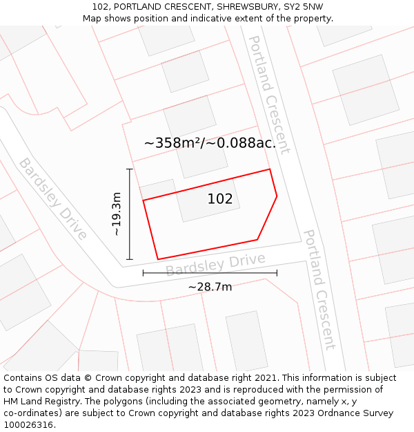 102, PORTLAND CRESCENT, SHREWSBURY, SY2 5NW: Plot and title map