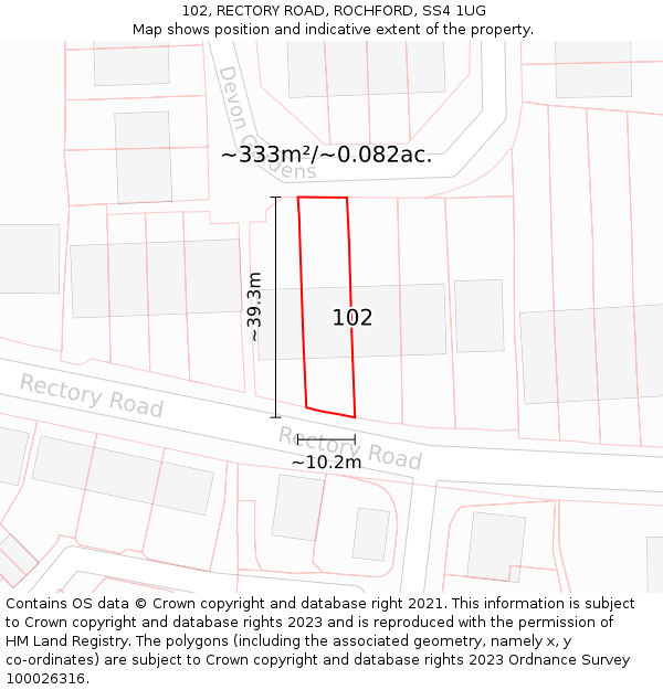 102, RECTORY ROAD, ROCHFORD, SS4 1UG: Plot and title map