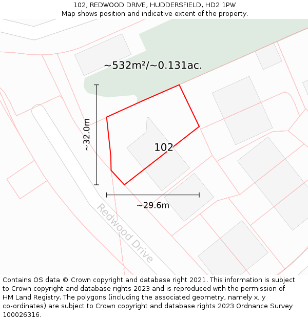 102, REDWOOD DRIVE, HUDDERSFIELD, HD2 1PW: Plot and title map