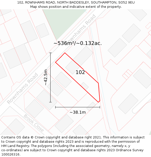 102, ROWNHAMS ROAD, NORTH BADDESLEY, SOUTHAMPTON, SO52 9EU: Plot and title map