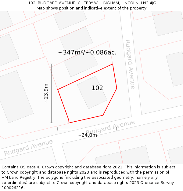 102, RUDGARD AVENUE, CHERRY WILLINGHAM, LINCOLN, LN3 4JG: Plot and title map