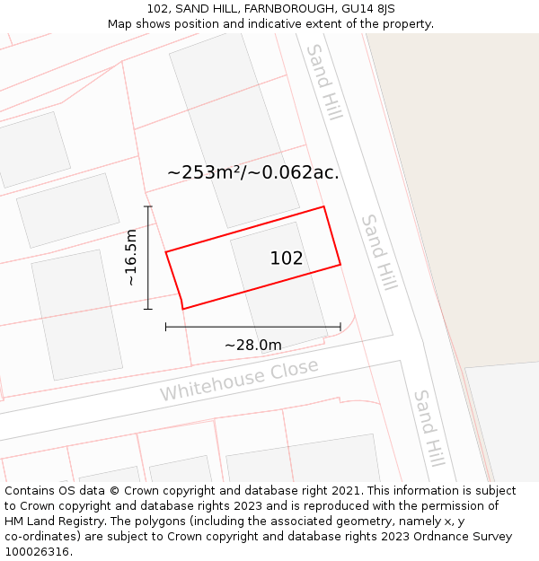 102, SAND HILL, FARNBOROUGH, GU14 8JS: Plot and title map