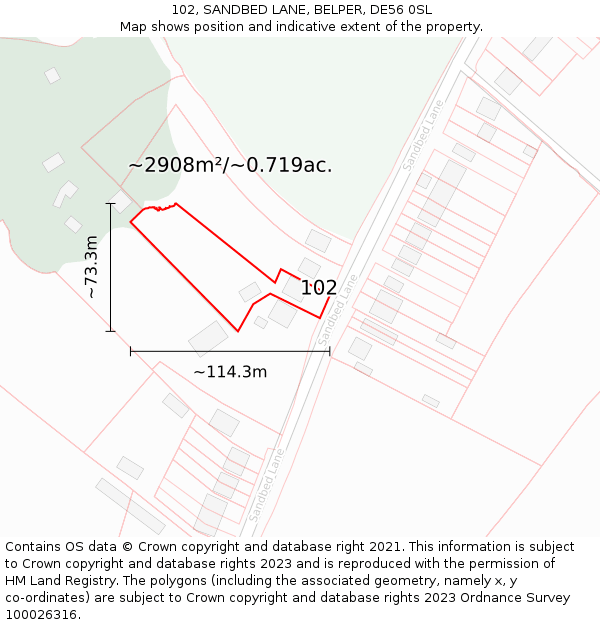 102, SANDBED LANE, BELPER, DE56 0SL: Plot and title map