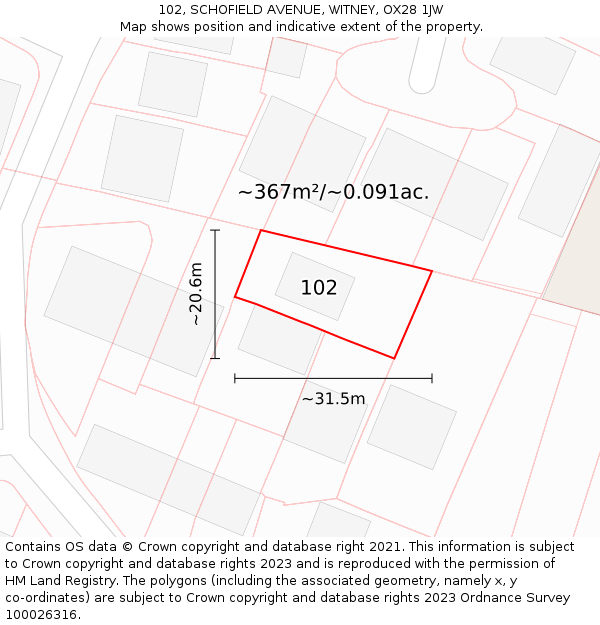 102, SCHOFIELD AVENUE, WITNEY, OX28 1JW: Plot and title map