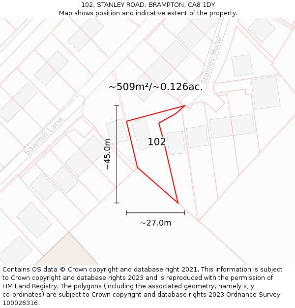 102, STANLEY ROAD, BRAMPTON, CA8 1DY: Plot and title map