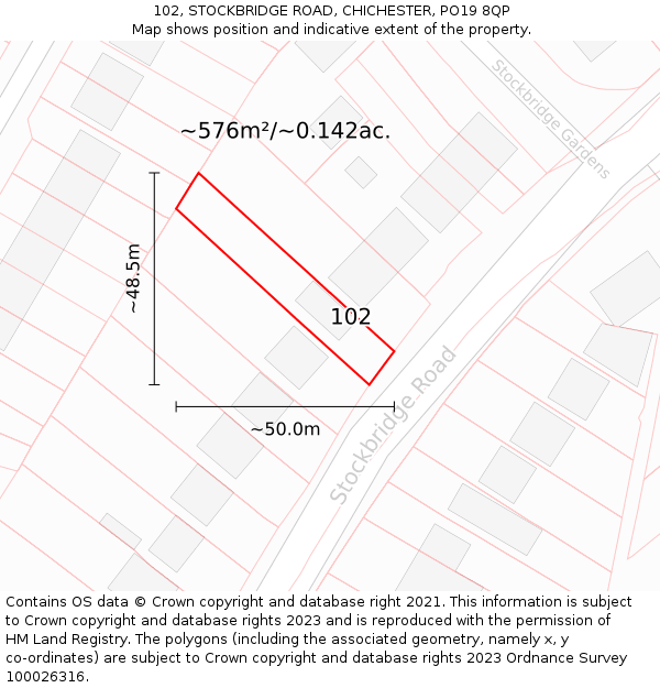 102, STOCKBRIDGE ROAD, CHICHESTER, PO19 8QP: Plot and title map