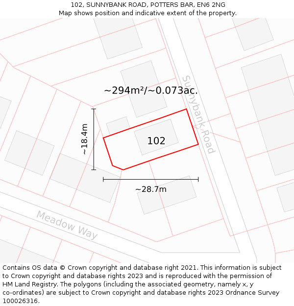 102, SUNNYBANK ROAD, POTTERS BAR, EN6 2NG: Plot and title map