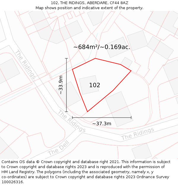 102, THE RIDINGS, ABERDARE, CF44 8AZ: Plot and title map