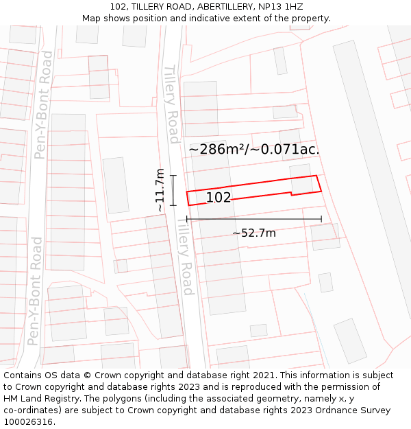 102, TILLERY ROAD, ABERTILLERY, NP13 1HZ: Plot and title map