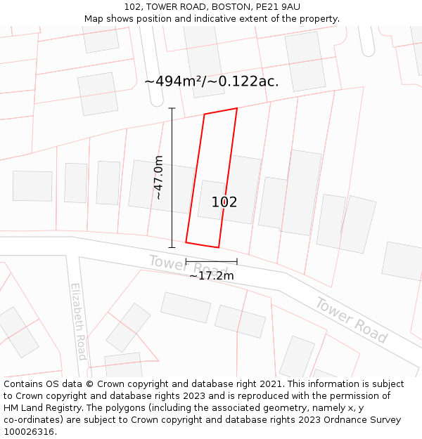 102, TOWER ROAD, BOSTON, PE21 9AU: Plot and title map