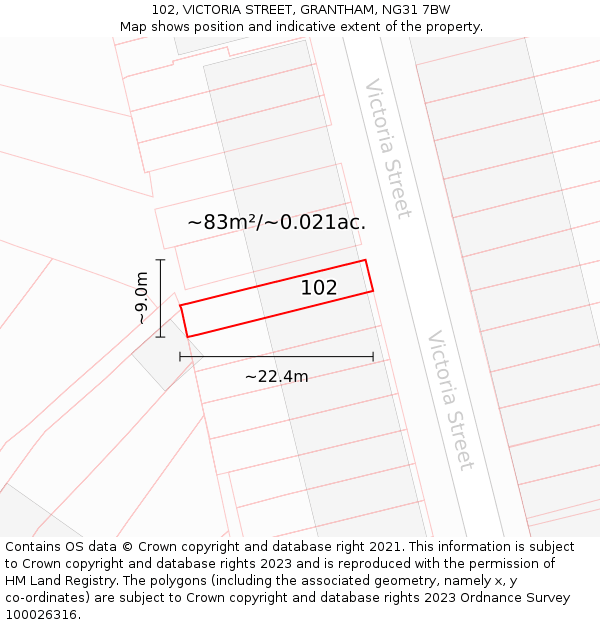102, VICTORIA STREET, GRANTHAM, NG31 7BW: Plot and title map