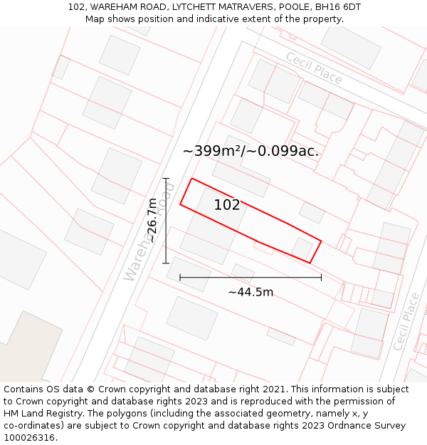 102, WAREHAM ROAD, LYTCHETT MATRAVERS, POOLE, BH16 6DT: Plot and title map