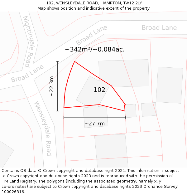 102, WENSLEYDALE ROAD, HAMPTON, TW12 2LY: Plot and title map