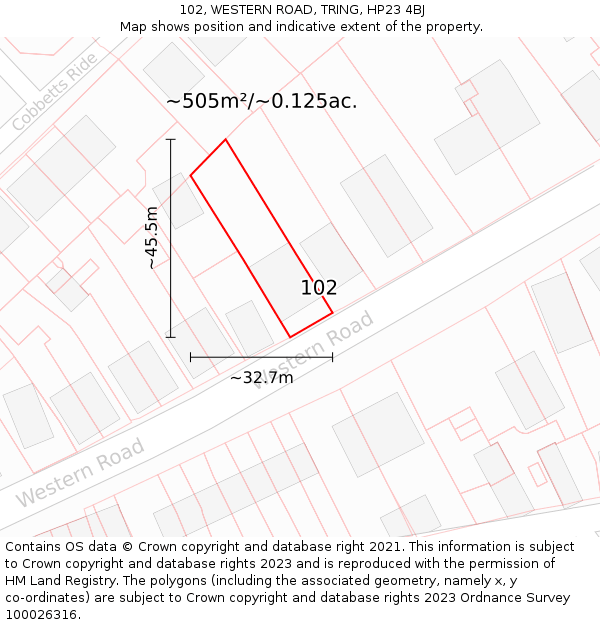 102, WESTERN ROAD, TRING, HP23 4BJ: Plot and title map