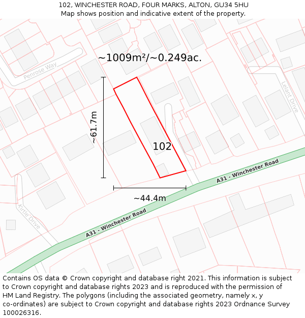 102, WINCHESTER ROAD, FOUR MARKS, ALTON, GU34 5HU: Plot and title map