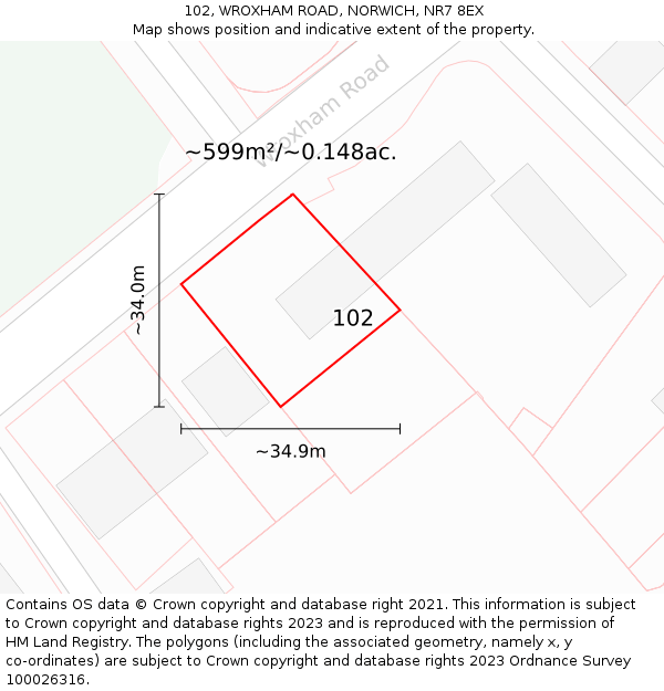 102, WROXHAM ROAD, NORWICH, NR7 8EX: Plot and title map