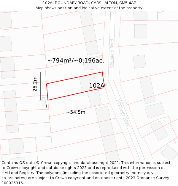 102A, BOUNDARY ROAD, CARSHALTON, SM5 4AB: Plot and title map