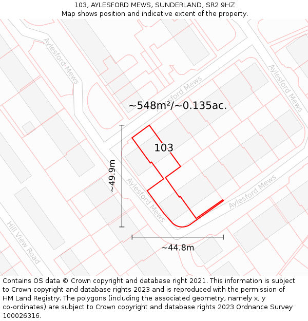 103, AYLESFORD MEWS, SUNDERLAND, SR2 9HZ: Plot and title map