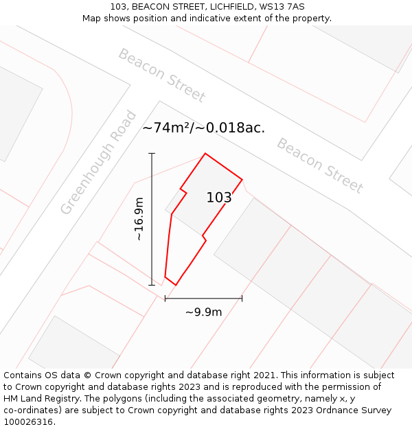 103, BEACON STREET, LICHFIELD, WS13 7AS: Plot and title map