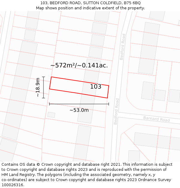 103, BEDFORD ROAD, SUTTON COLDFIELD, B75 6BQ: Plot and title map