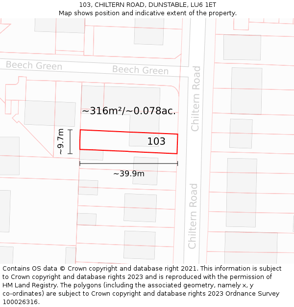 103, CHILTERN ROAD, DUNSTABLE, LU6 1ET: Plot and title map