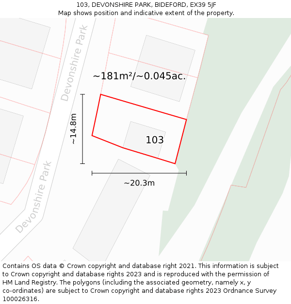 103, DEVONSHIRE PARK, BIDEFORD, EX39 5JF: Plot and title map