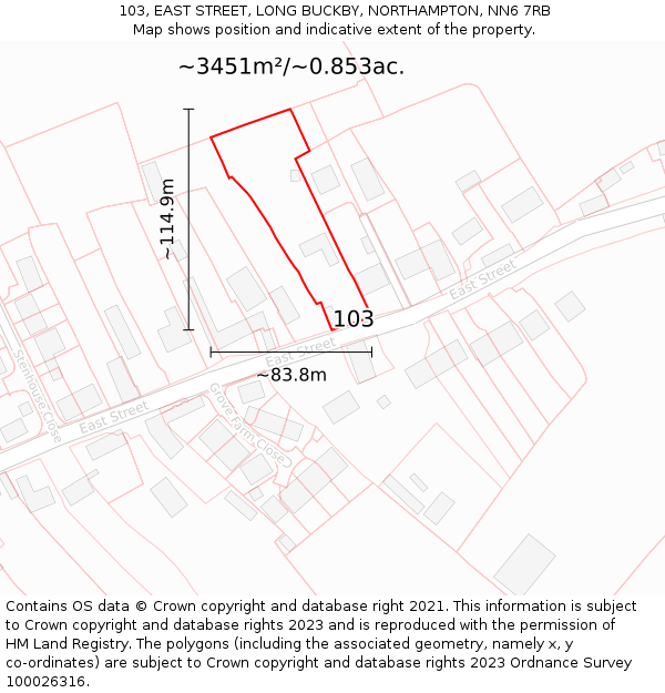 103, EAST STREET, LONG BUCKBY, NORTHAMPTON, NN6 7RB: Plot and title map