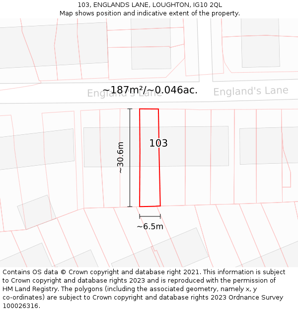 103, ENGLANDS LANE, LOUGHTON, IG10 2QL: Plot and title map