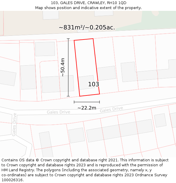 103, GALES DRIVE, CRAWLEY, RH10 1QD: Plot and title map