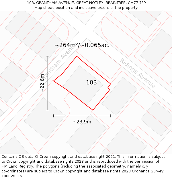 103, GRANTHAM AVENUE, GREAT NOTLEY, BRAINTREE, CM77 7FP: Plot and title map