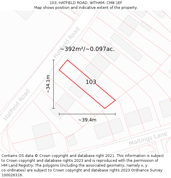 103, HATFIELD ROAD, WITHAM, CM8 1EF: Plot and title map