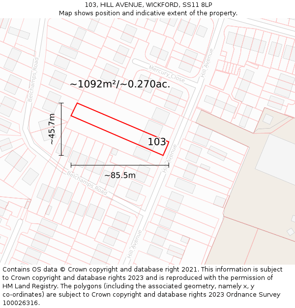 103, HILL AVENUE, WICKFORD, SS11 8LP: Plot and title map