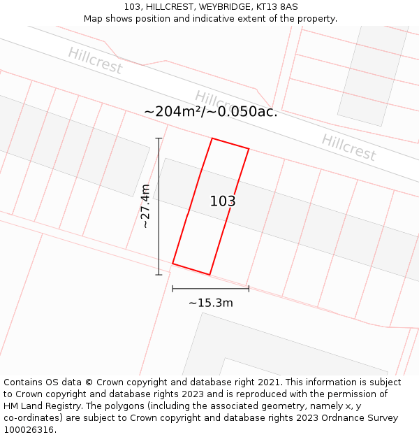 103, HILLCREST, WEYBRIDGE, KT13 8AS: Plot and title map