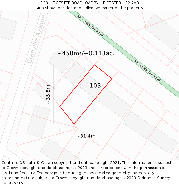 103, LEICESTER ROAD, OADBY, LEICESTER, LE2 4AB: Plot and title map
