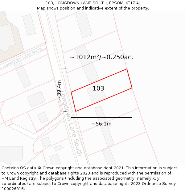 103, LONGDOWN LANE SOUTH, EPSOM, KT17 4JJ: Plot and title map