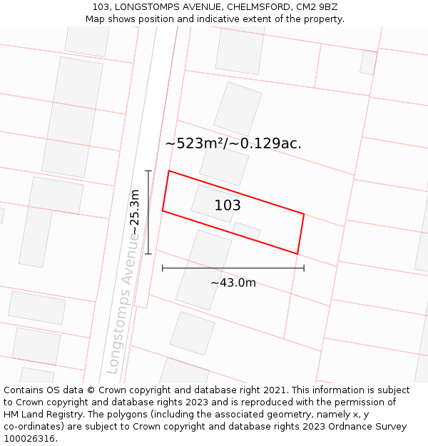 103, LONGSTOMPS AVENUE, CHELMSFORD, CM2 9BZ: Plot and title map