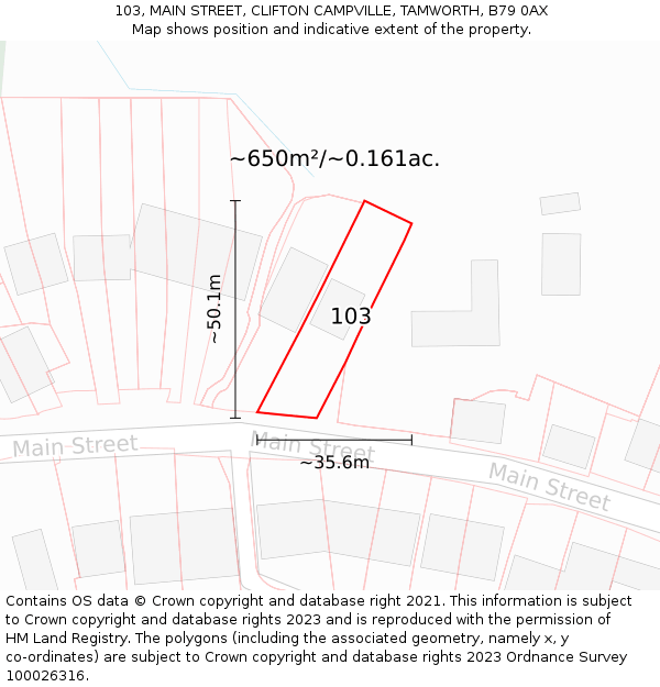 103, MAIN STREET, CLIFTON CAMPVILLE, TAMWORTH, B79 0AX: Plot and title map