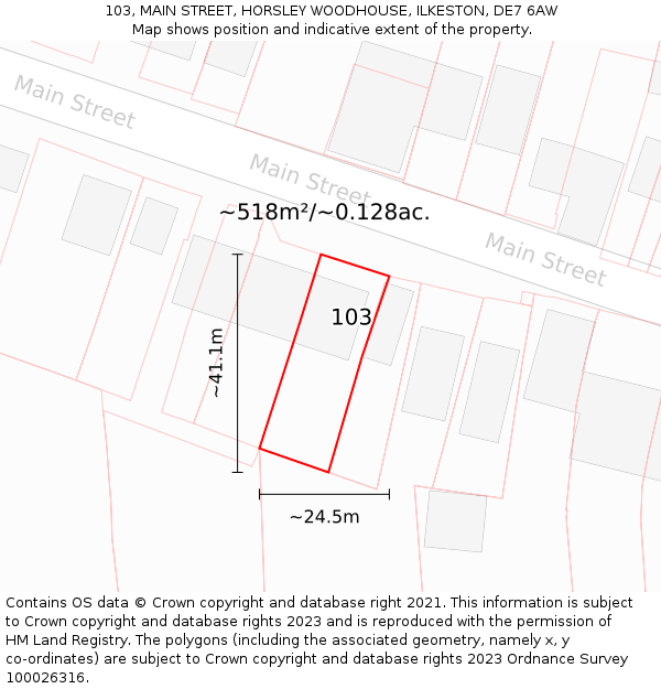 103, MAIN STREET, HORSLEY WOODHOUSE, ILKESTON, DE7 6AW: Plot and title map