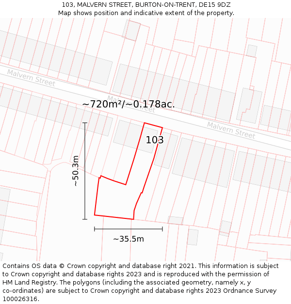 103, MALVERN STREET, BURTON-ON-TRENT, DE15 9DZ: Plot and title map