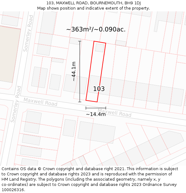 103, MAXWELL ROAD, BOURNEMOUTH, BH9 1DJ: Plot and title map