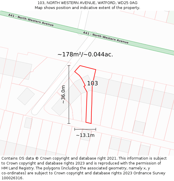 103, NORTH WESTERN AVENUE, WATFORD, WD25 0AG: Plot and title map