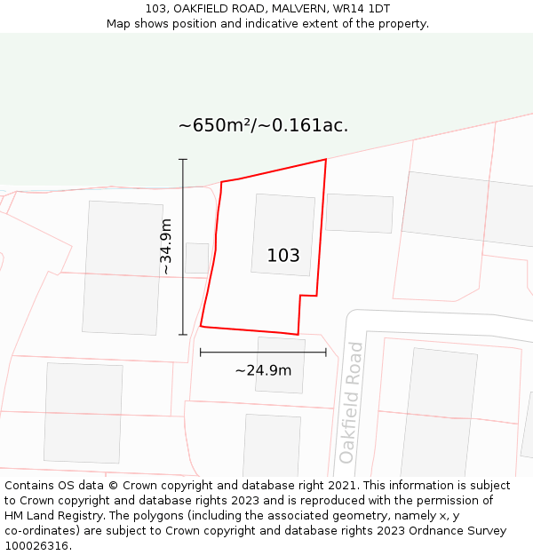 103, OAKFIELD ROAD, MALVERN, WR14 1DT: Plot and title map