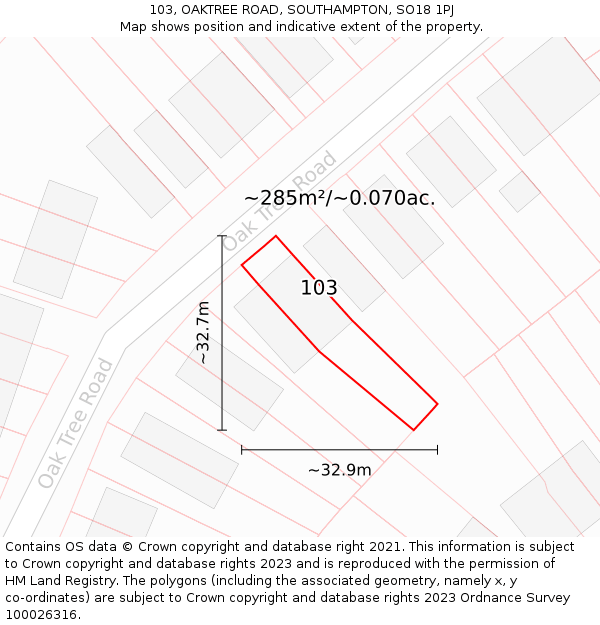 103, OAKTREE ROAD, SOUTHAMPTON, SO18 1PJ: Plot and title map