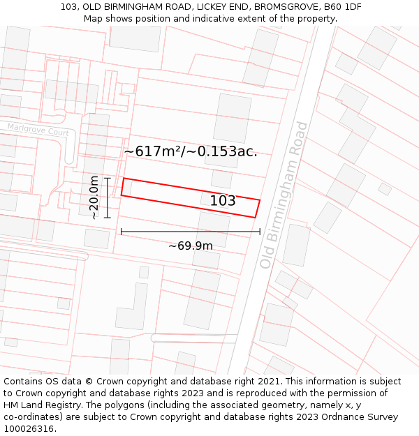 103, OLD BIRMINGHAM ROAD, LICKEY END, BROMSGROVE, B60 1DF: Plot and title map