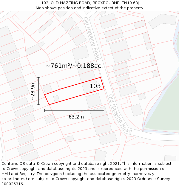 103, OLD NAZEING ROAD, BROXBOURNE, EN10 6RJ: Plot and title map