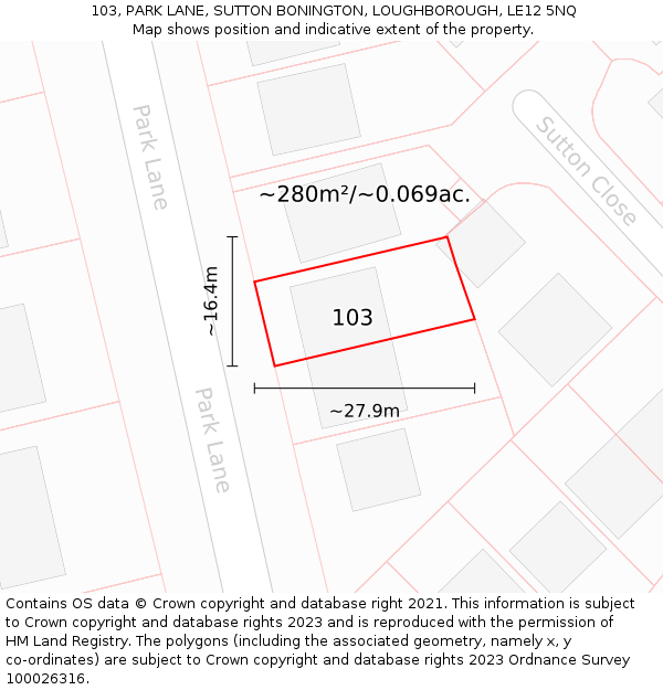 103, PARK LANE, SUTTON BONINGTON, LOUGHBOROUGH, LE12 5NQ: Plot and title map