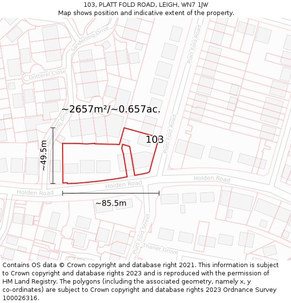 103, PLATT FOLD ROAD, LEIGH, WN7 1JW: Plot and title map