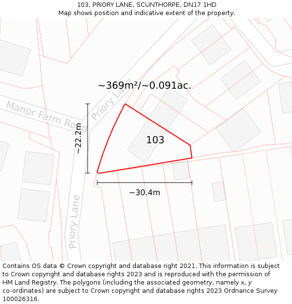 103, PRIORY LANE, SCUNTHORPE, DN17 1HD: Plot and title map